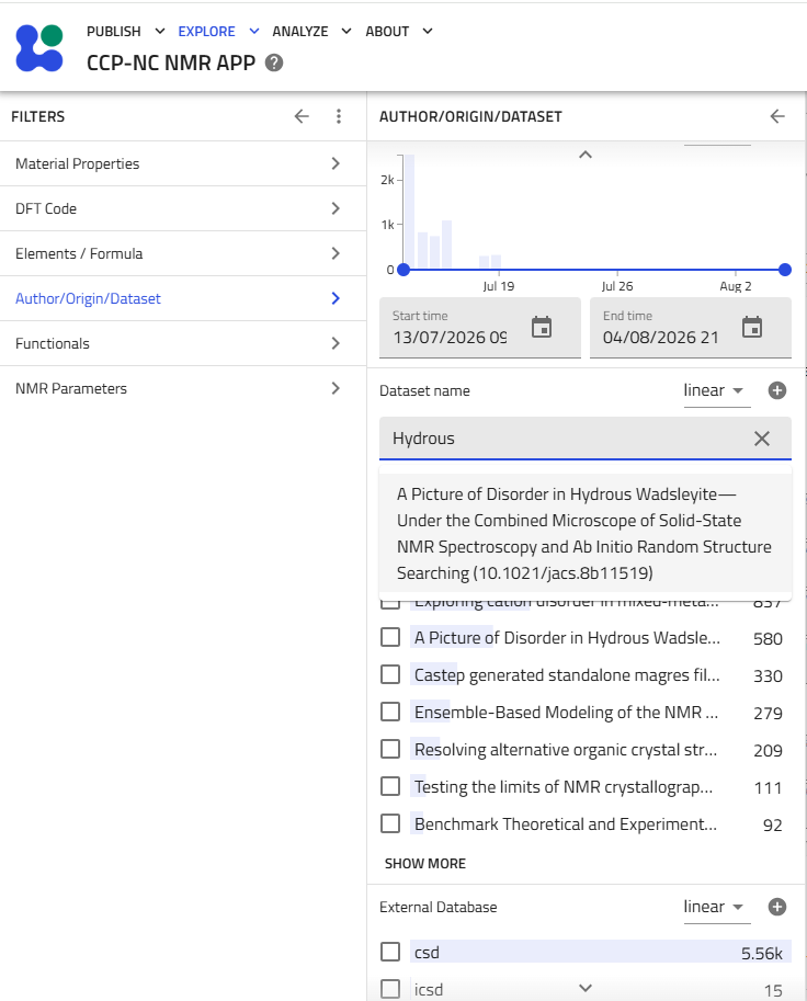 Dataset name filter with autocomplete suggestion