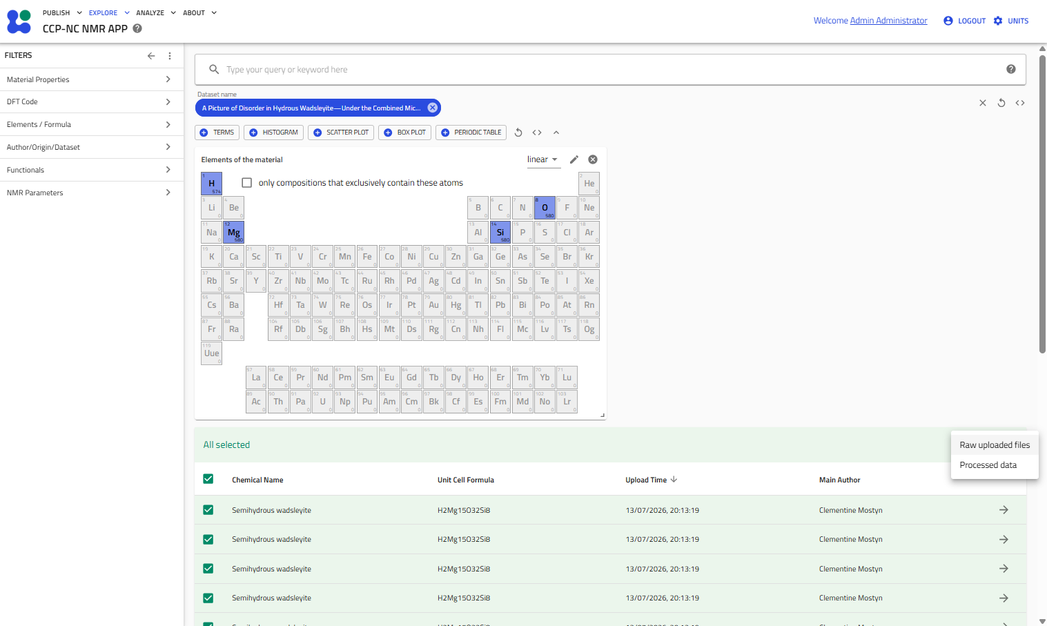 Dataset results with all records selected and the download menu open