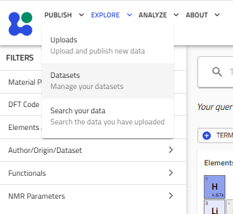 Publish menu with Datasets option highlighted