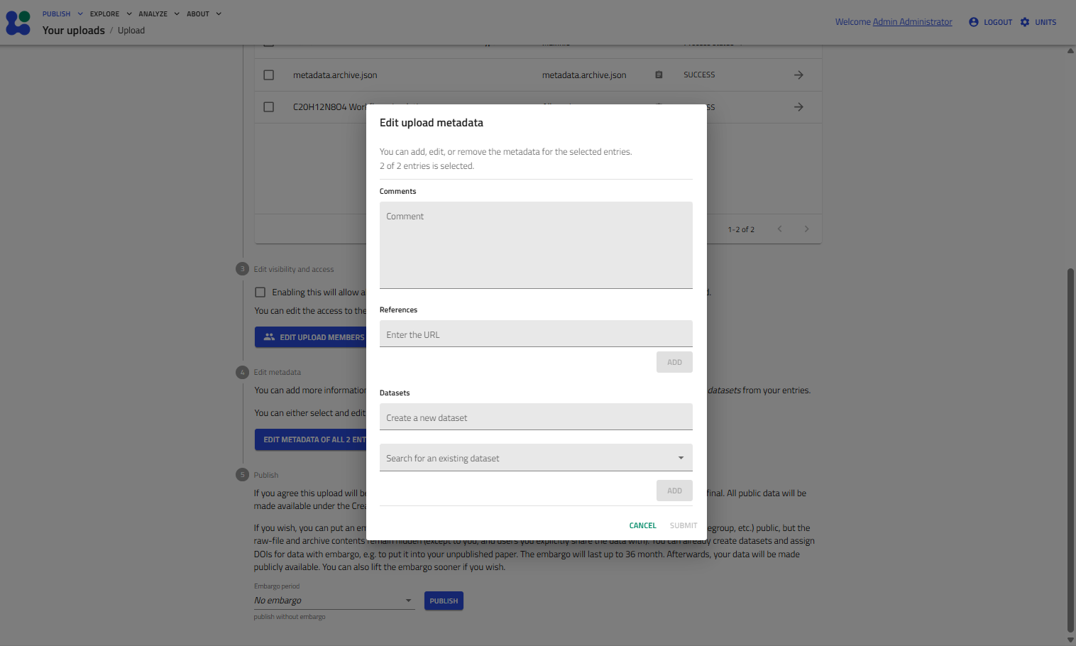Edit upload metadata dialog showing the Datasets fields
