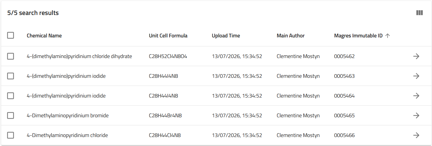 Filtered search results table
