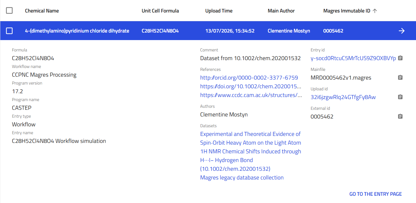 Expanded row overview showing key record metadata