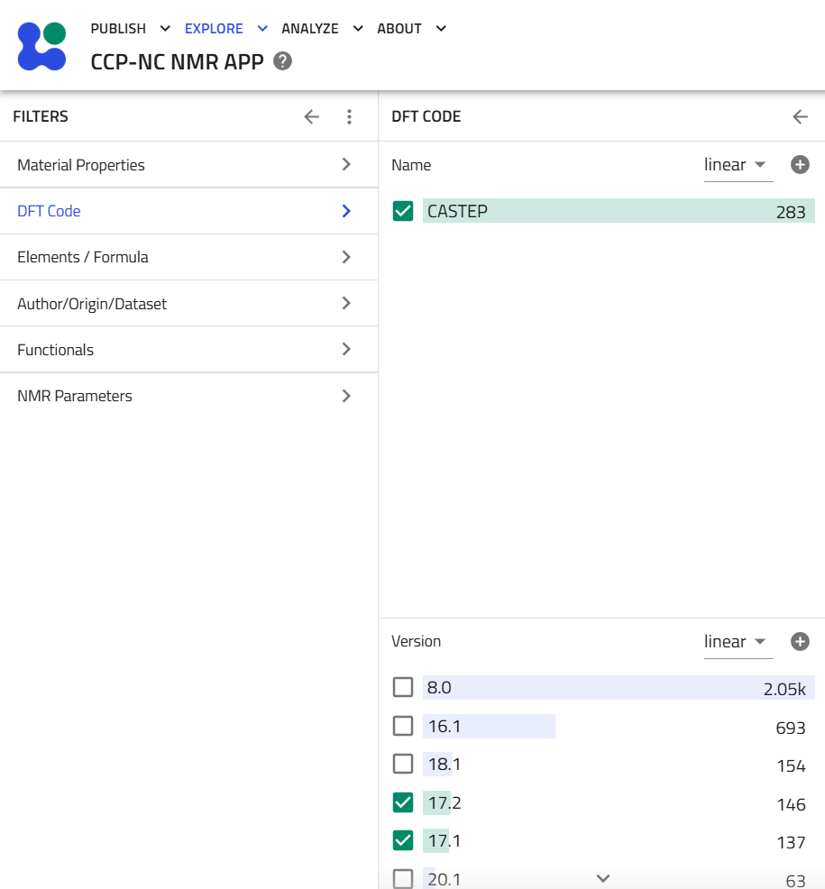 DFT Code filter panel with a name and two versions selected