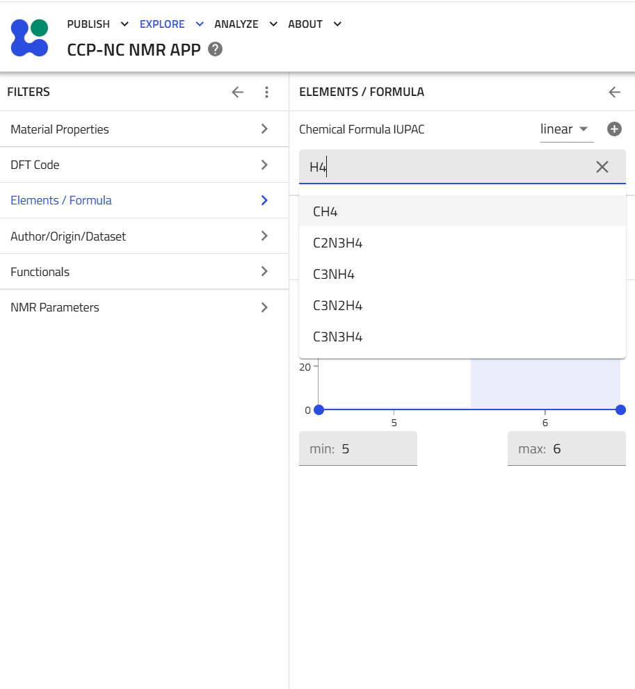 Elements/Formula filter panel with a partial IUPAC formula typed