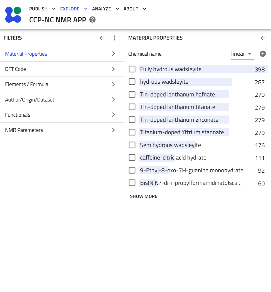 Material Properties filter panel
