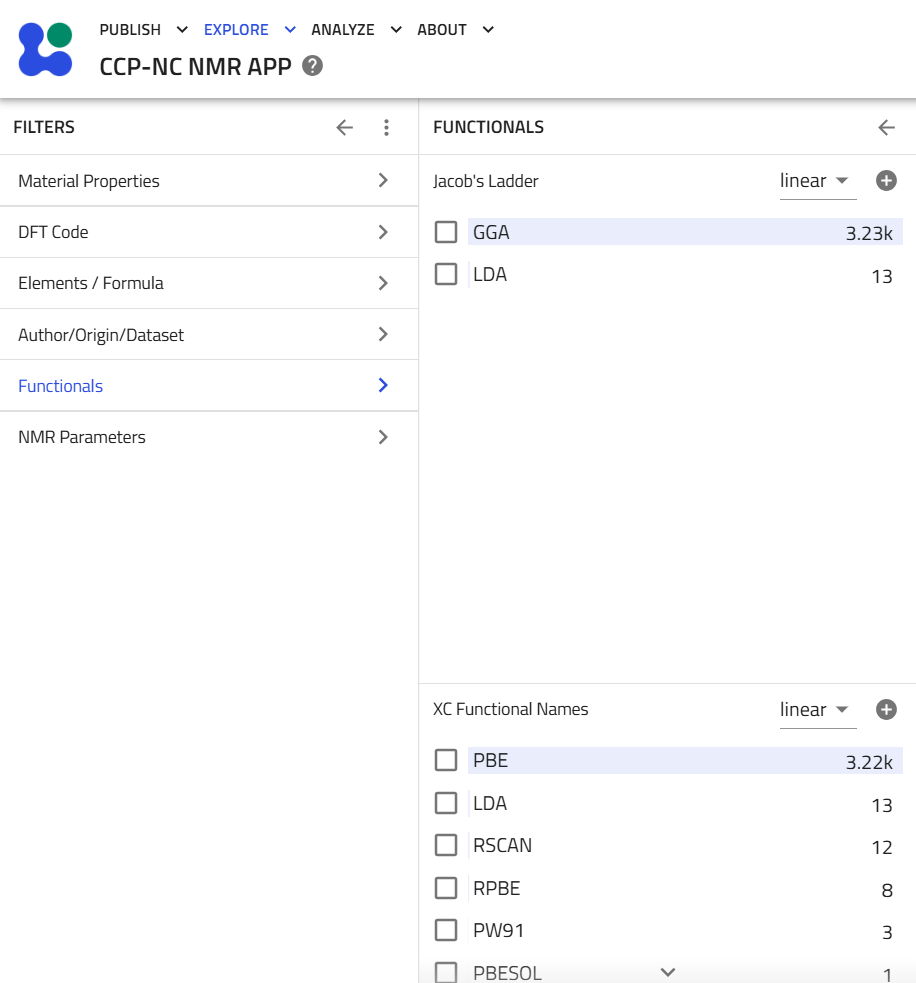 Functionals filter panel