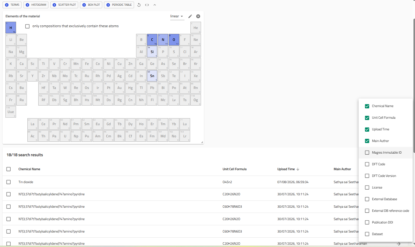 Default results table with the column configuration menu open