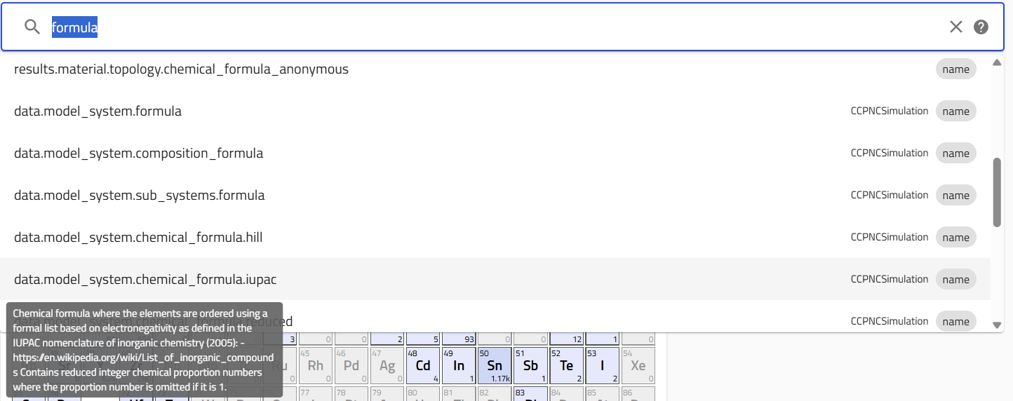 Choosing the new-model IUPAC formula field in the search bar