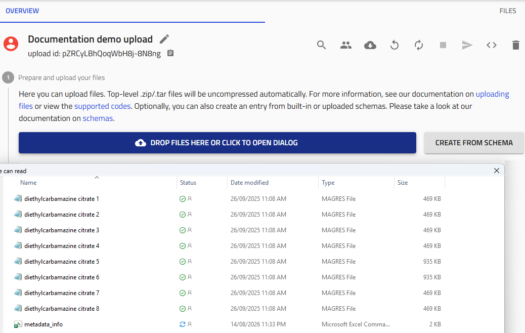 Upload workspace showing eight MAGRES files and a metadata_info file