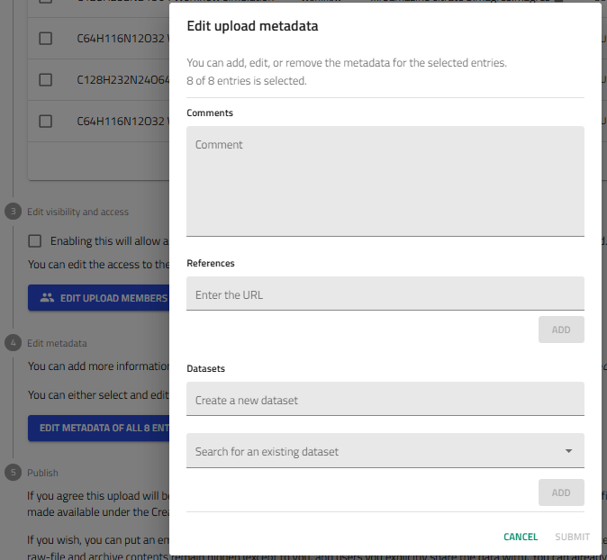 Edit upload metadata dialog with Comments, References and Datasets fields