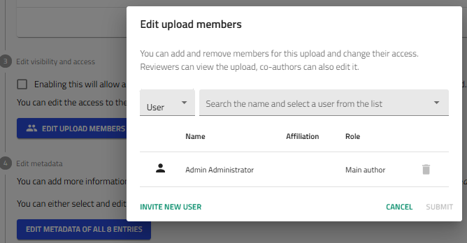 Edit upload members dialog