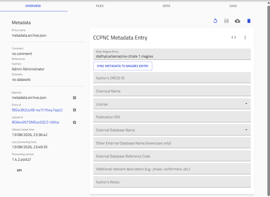 CCPNC Metadata Entry form with fields for chemical name, license, DOI and more