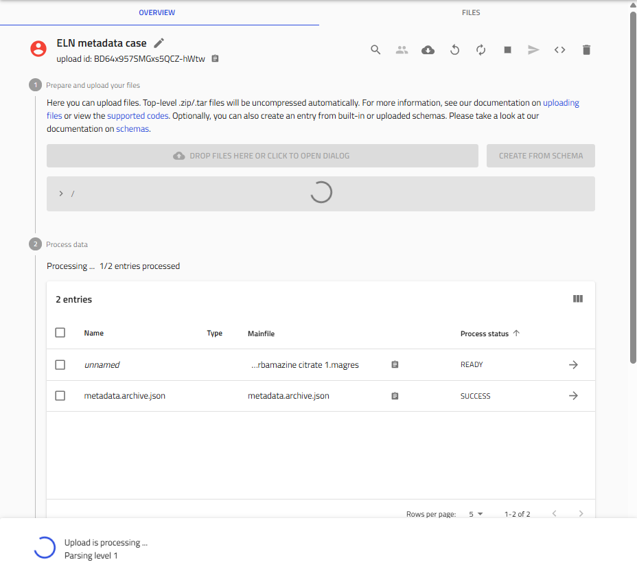 Upload workspace showing the automatically created metadata.archive.json entry