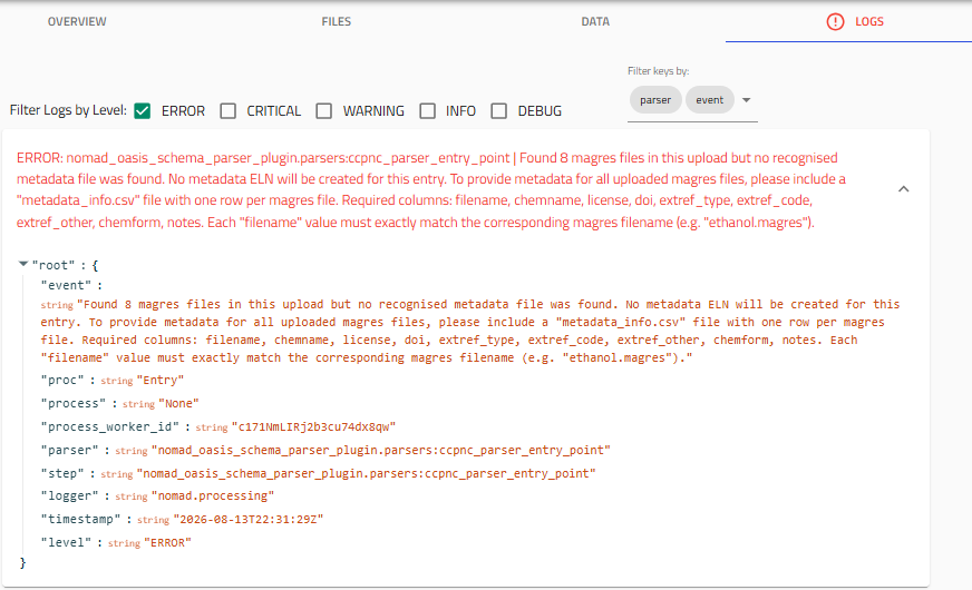 Logs tab showing an error about a missing metadata_info.csv file