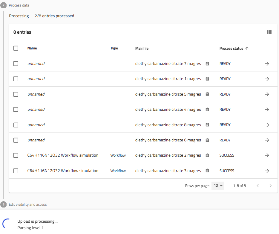 Process data table showing parsing in progress