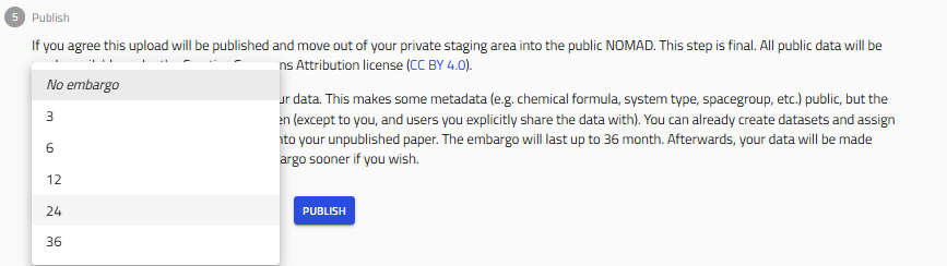Publish step with the embargo period dropdown open