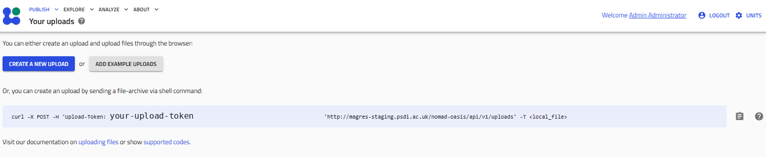Your uploads landing page, with the option to create an upload via shell command